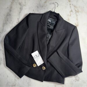 Zara Cropped Black Double-Breasted Blazer with Gold Buttons